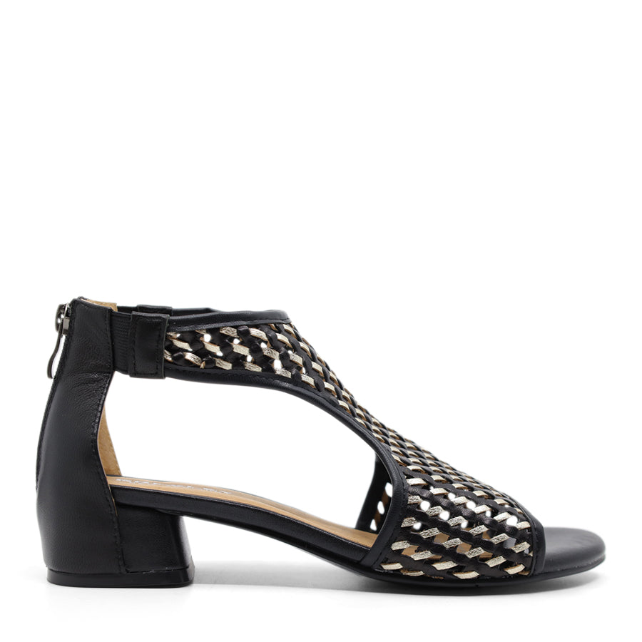 BLACK GOLD WEAVE ZIP UP HEEL SANDAL