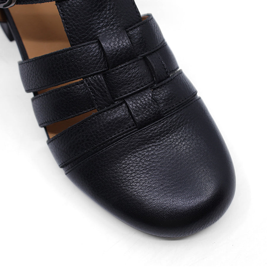 BLACK ENCLOSED TOE ANKLE STRAP HEEL