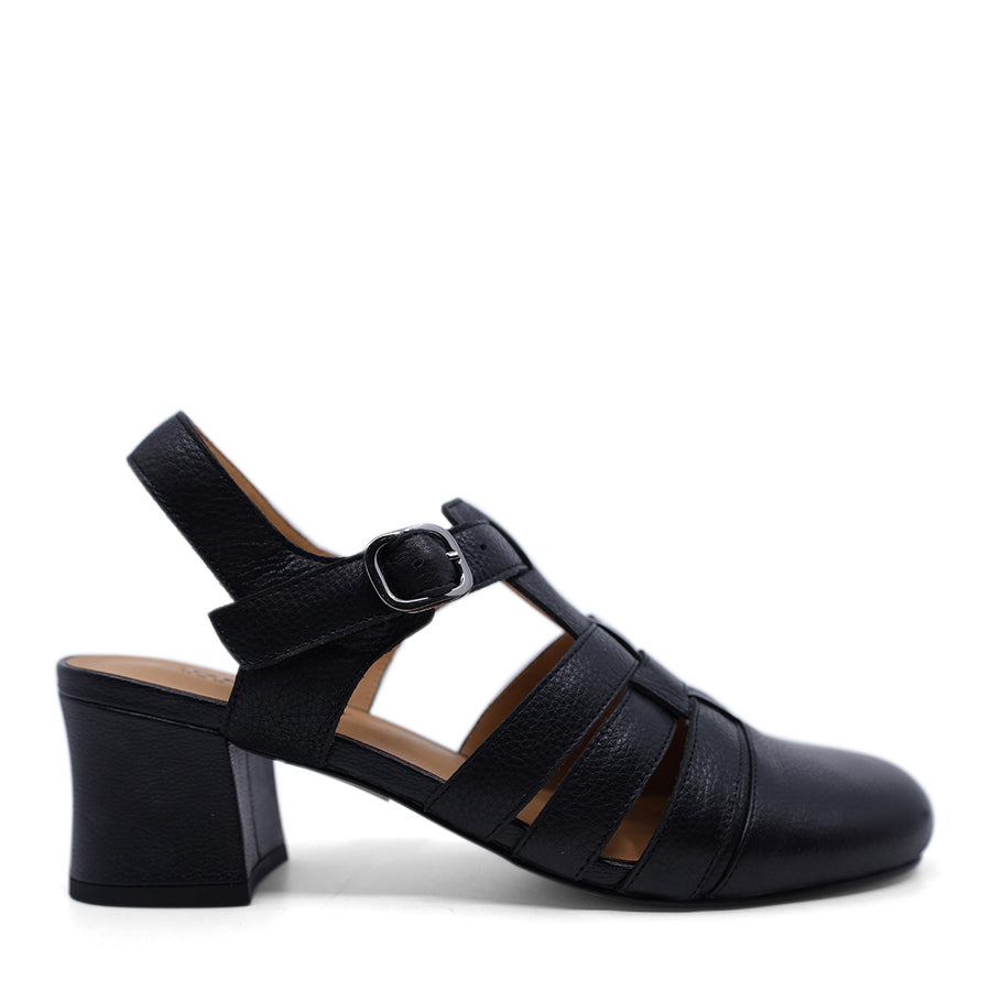 BLACK ENCLOSED TOE ANKLE STRAP HEEL