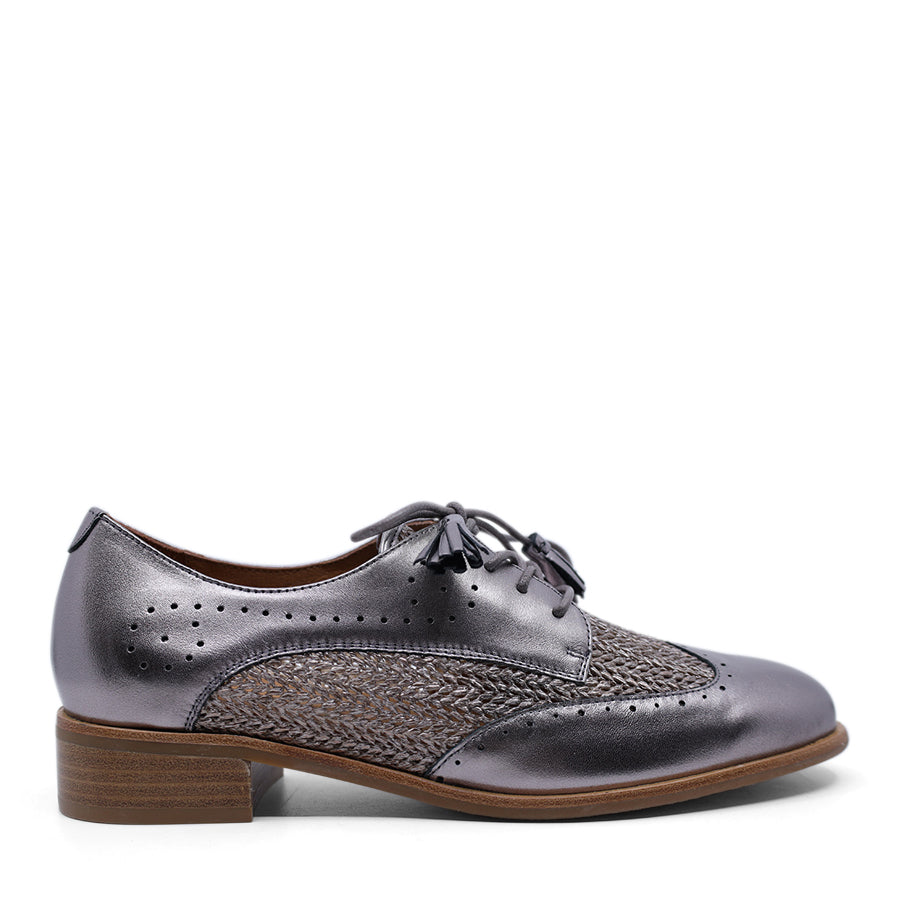 PEWTER METALLIC LASERCUT WEAVE LACE UP FLAT SHOE