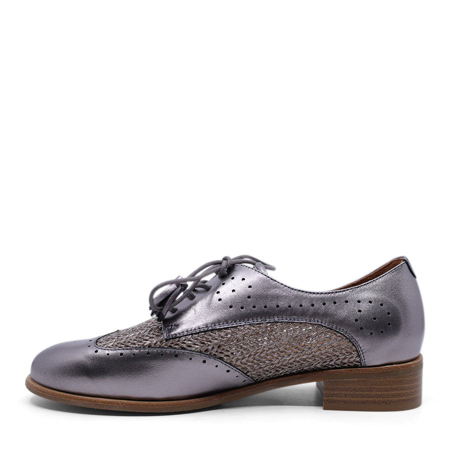 PEWTER METALLIC LASERCUT WEAVE LACE UP FLAT SHOE