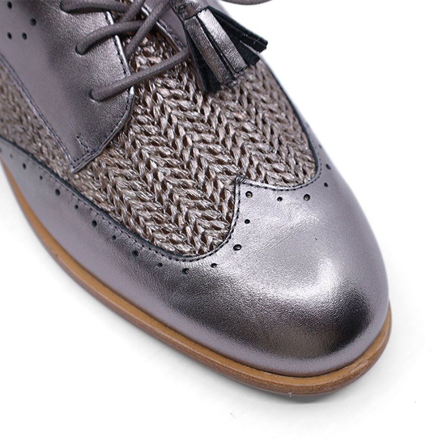 PEWTER METALLIC LASERCUT WEAVE LACE UP FLAT SHOE