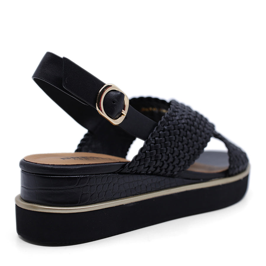 BLACK WEAVE UPPER CROSS STRAP BUCKLE ANKLE STRAP PLATFORM SANDAL