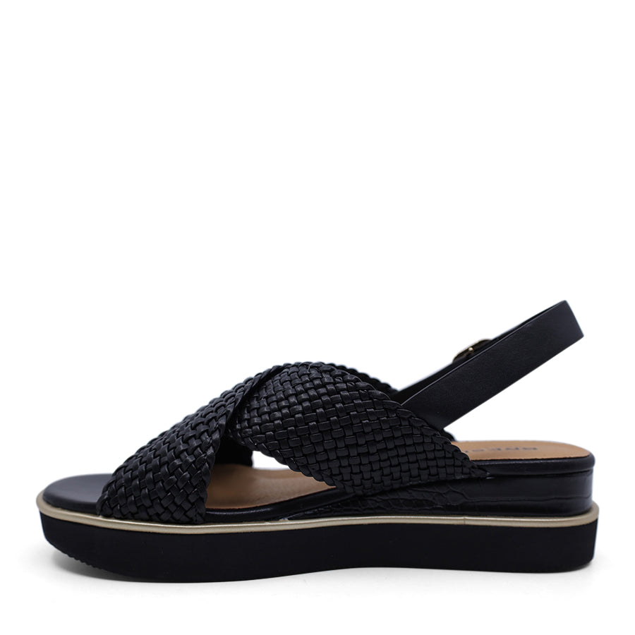 BLACK WEAVE UPPER CROSS STRAP BUCKLE ANKLE STRAP PLATFORM SANDAL