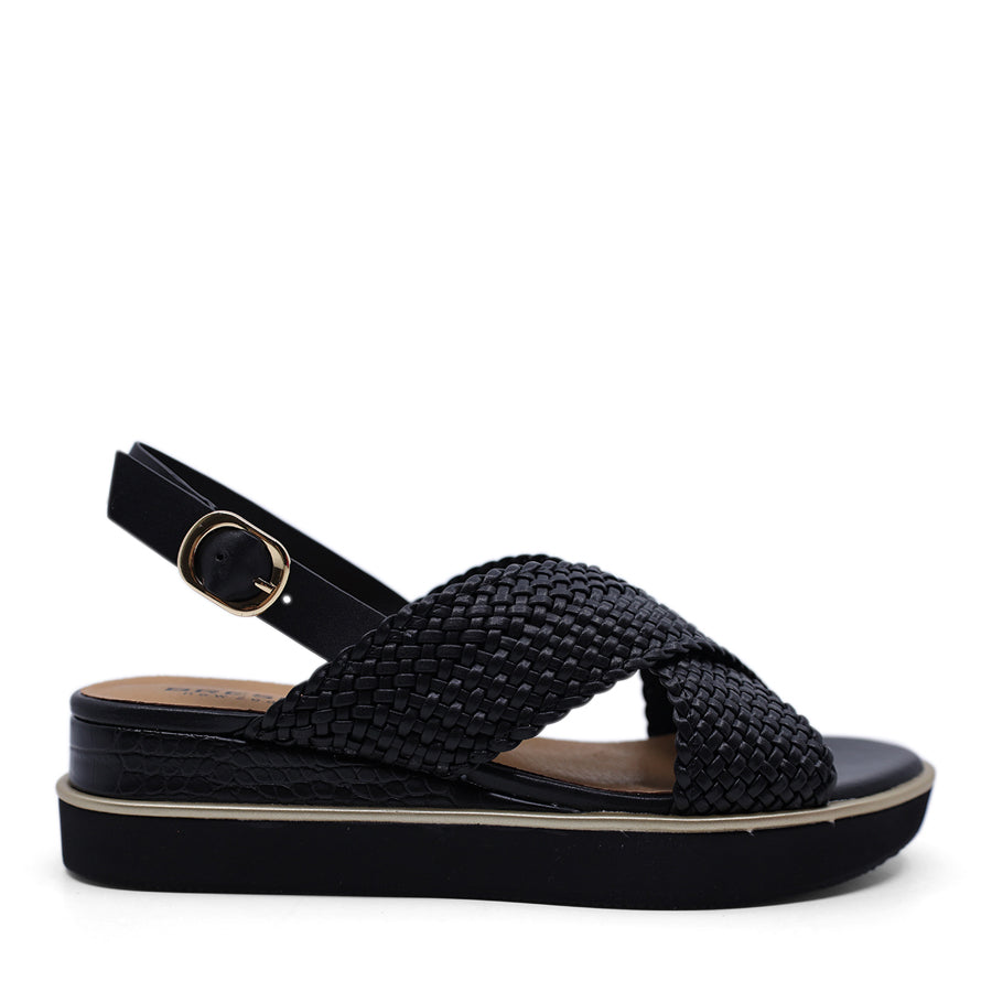 BLACK WEAVE UPPER CROSS STRAP BUCKLE ANKLE STRAP PLATFORM SANDAL