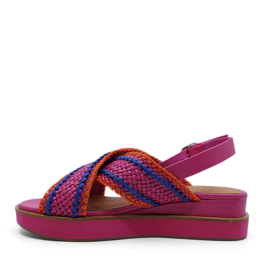 FUCHSIA MULTI WEAVE UPPER CROSS STRAP BUCKLE ANKLE STRAP PLATFORM SANDAL