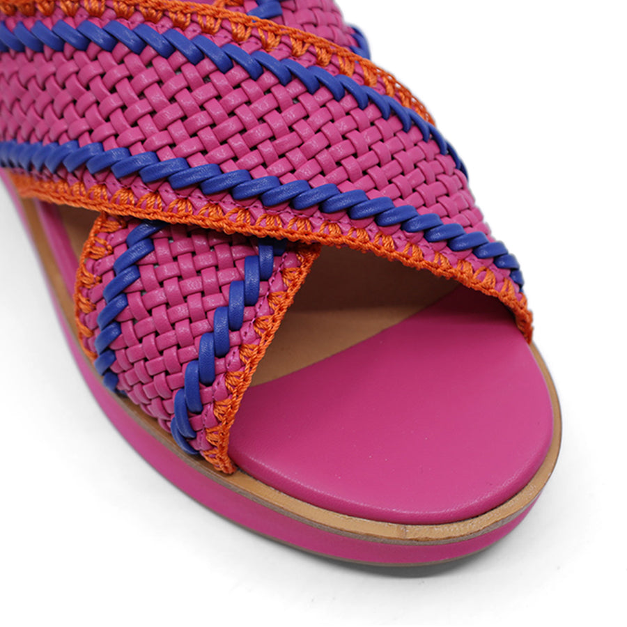 FUCHSIA MULTI WEAVE UPPER CROSS STRAP BUCKLE ANKLE STRAP PLATFORM SANDAL