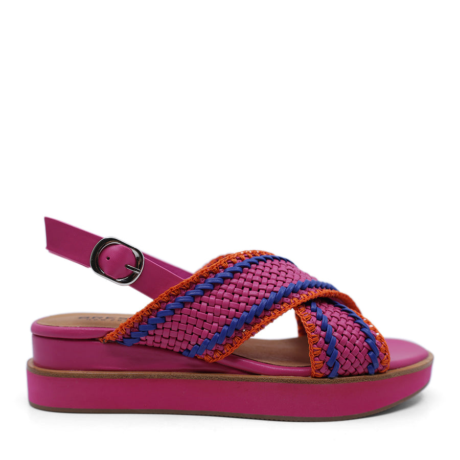 FUCHSIA MULTI WEAVE UPPER CROSS STRAP BUCKLE ANKLE STRAP PLATFORM SANDAL