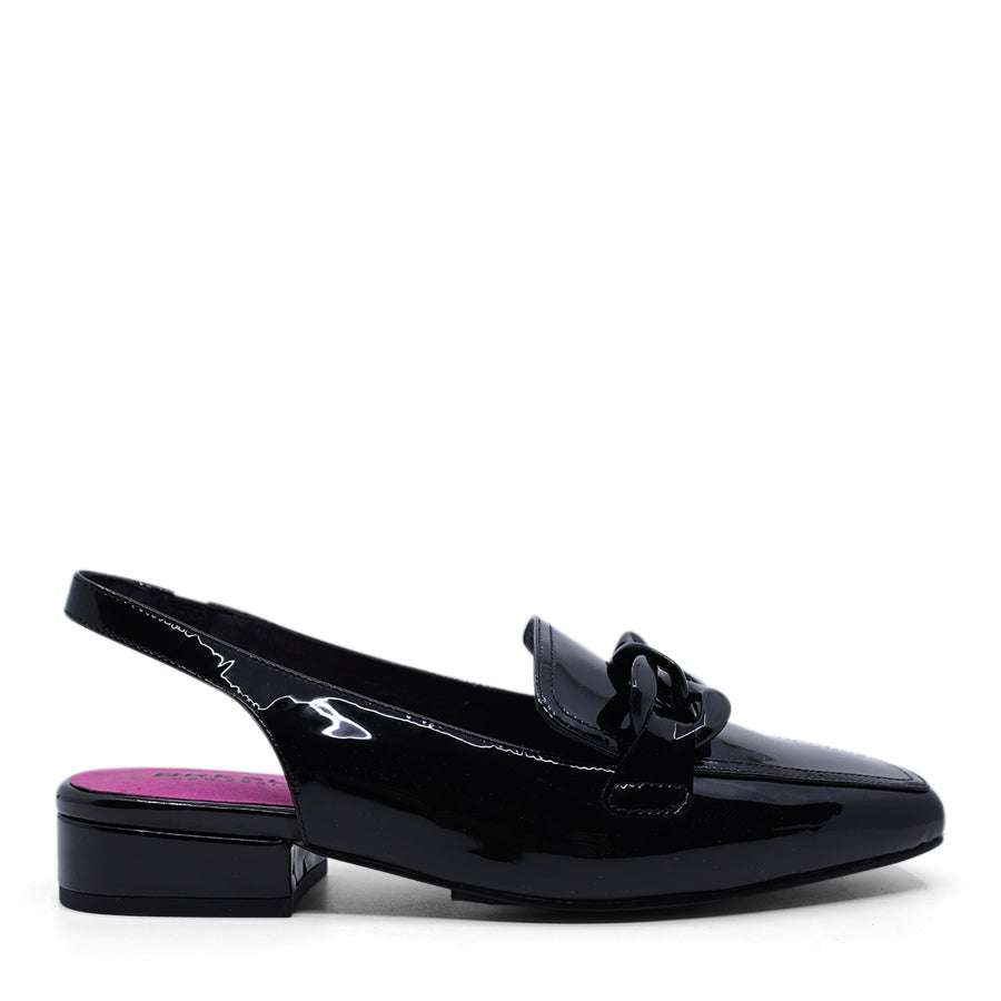 BLACK PATENT ENCLOSED TOE ELASTIC SLINGBACK 