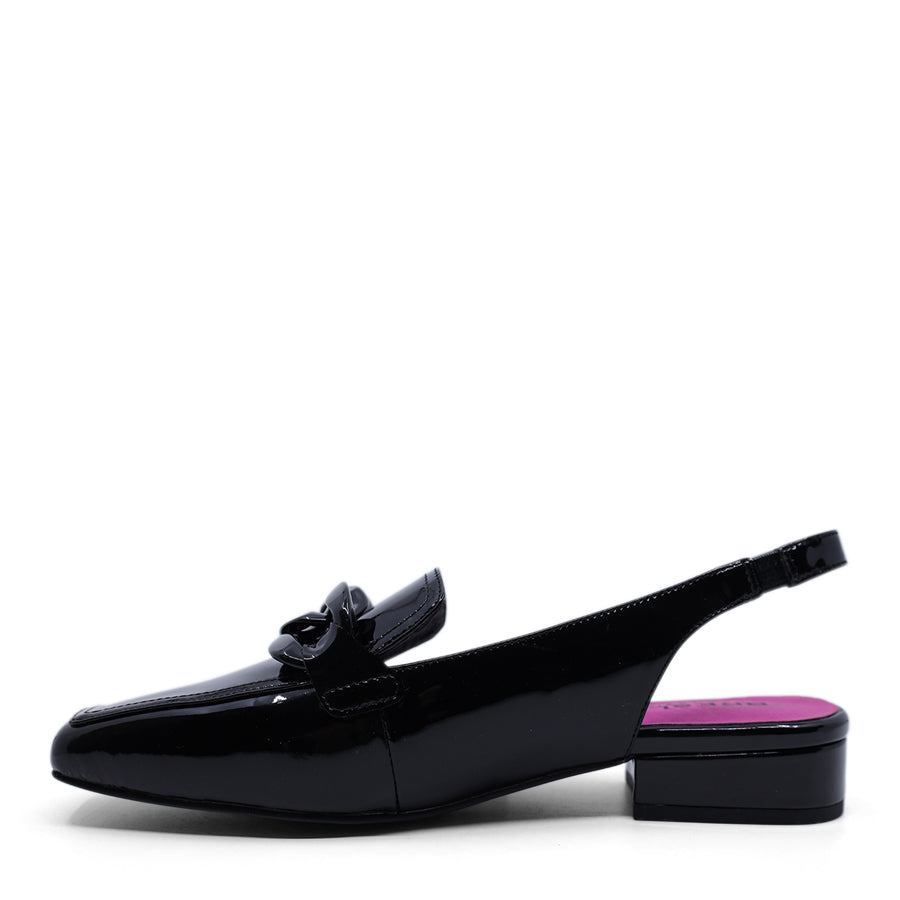 BLACK PATENT ENCLOSED TOE ELASTIC SLINGBACK 