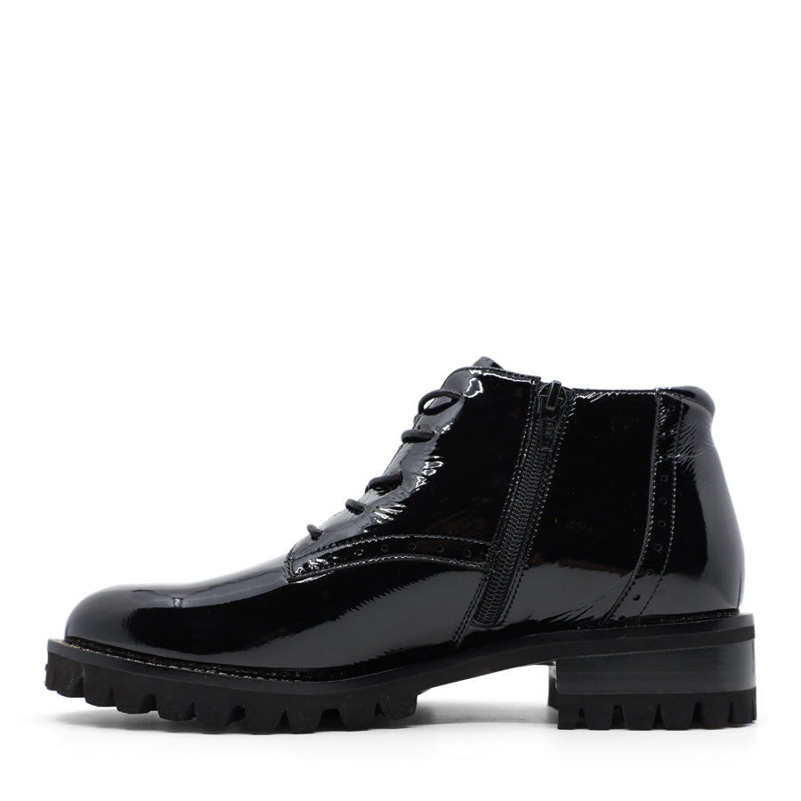 BLACK PATENT LACE UP ZIP UP CHUNKY SOLE SHOE ANKLE BOOT