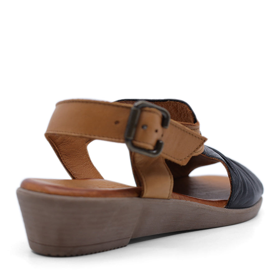 BLACK TAN BROWN ANKLE STRAP WEDGE HEEL SANDAL