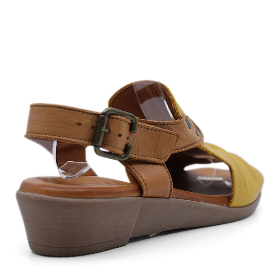 MUSTARD YELLOW TAN BROWN ANKLE STRAP WEDGE HEEL 