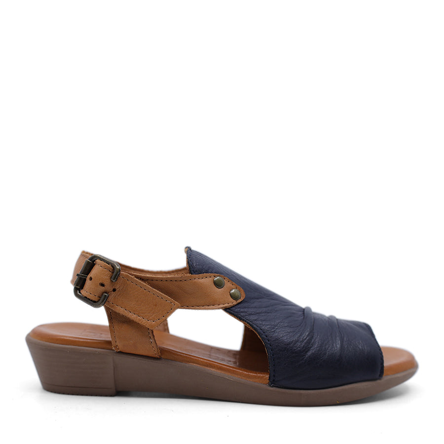 NAVY BLUE TAN BROWN ANKLE STRAP WEDGE HEEL 