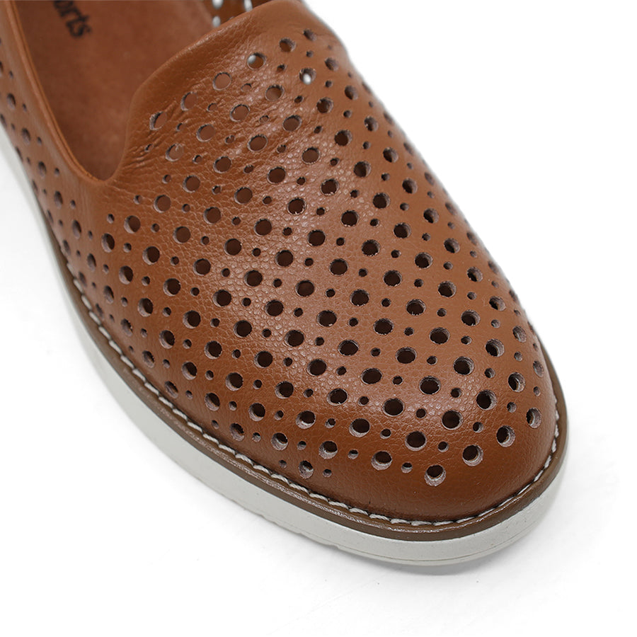 TAN DARK BROWN SLIP ON LASERCUT DETAIL FLAT SHOE