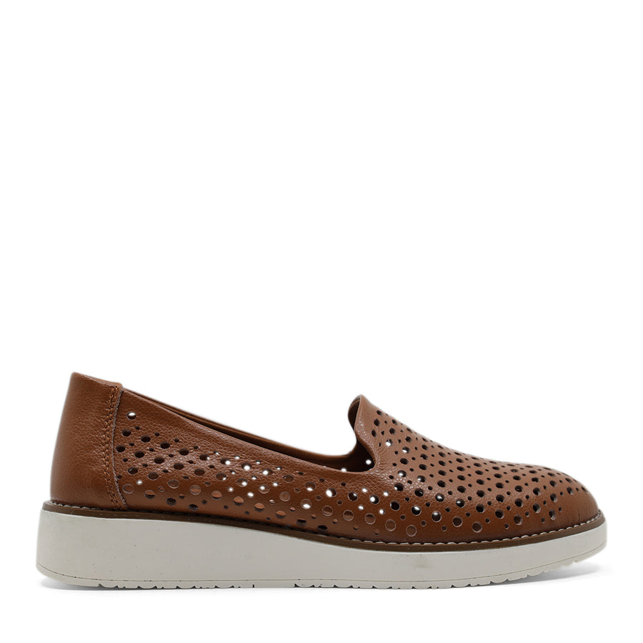 TAN DARK BROWN SLIP ON LASERCUT DETAIL FLAT SHOE