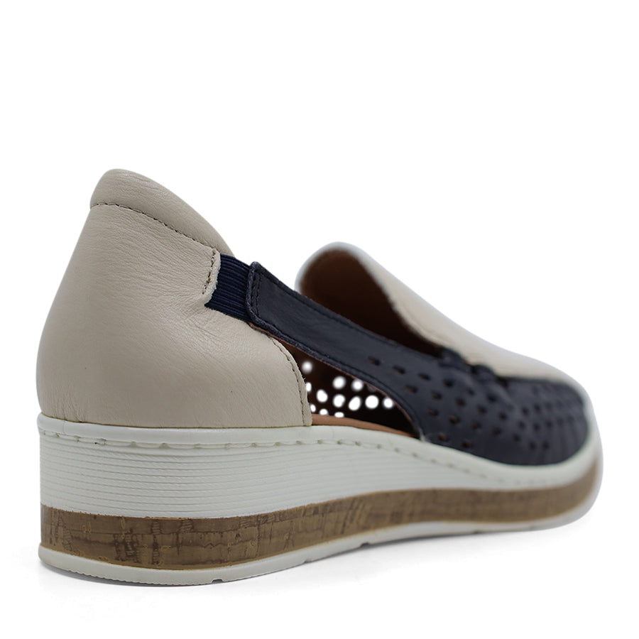 CREAM BEIGE NAVY LASERCUT UPPER SLIP ON LOAFER