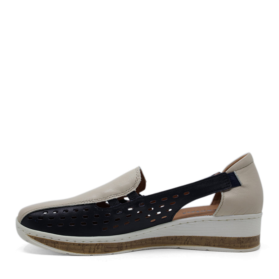 CREAM BEIGE NAVY LASERCUT UPPER SLIP ON LOAFER