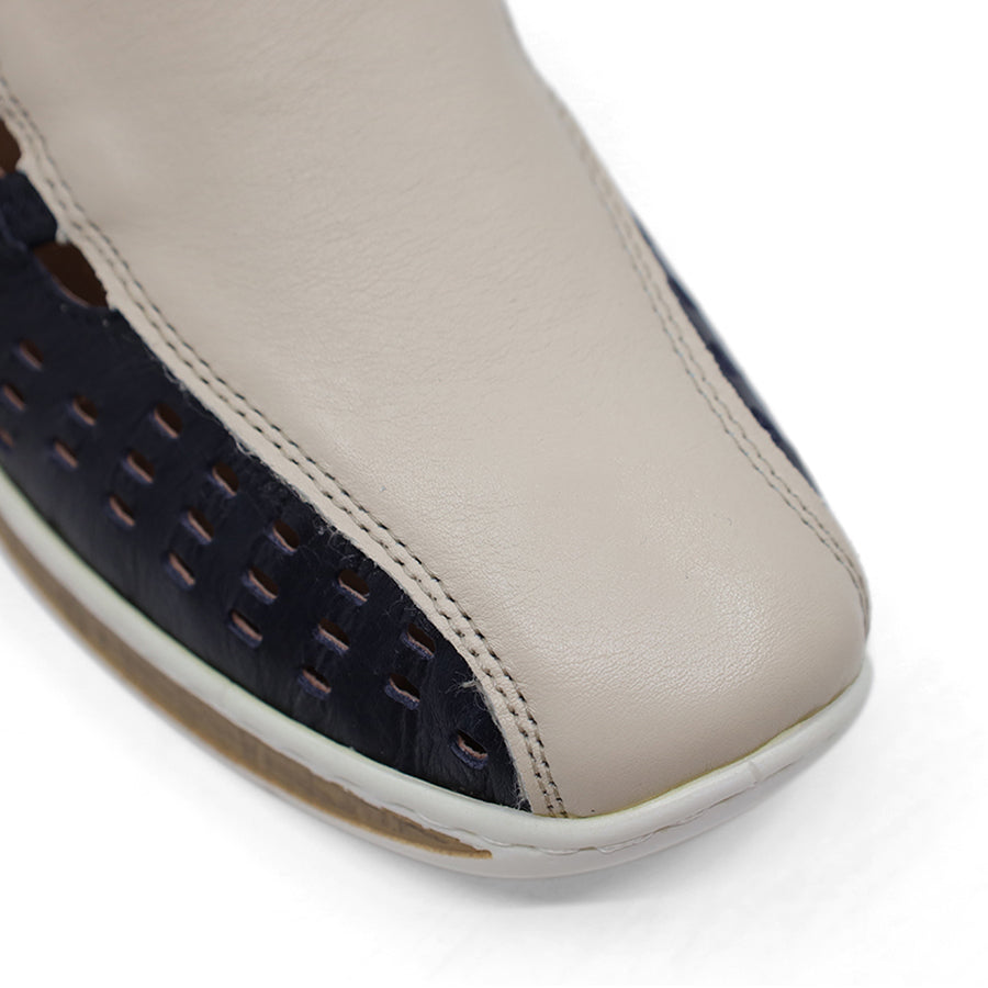 CREAM BEIGE NAVY LASERCUT UPPER SLIP ON LOAFER