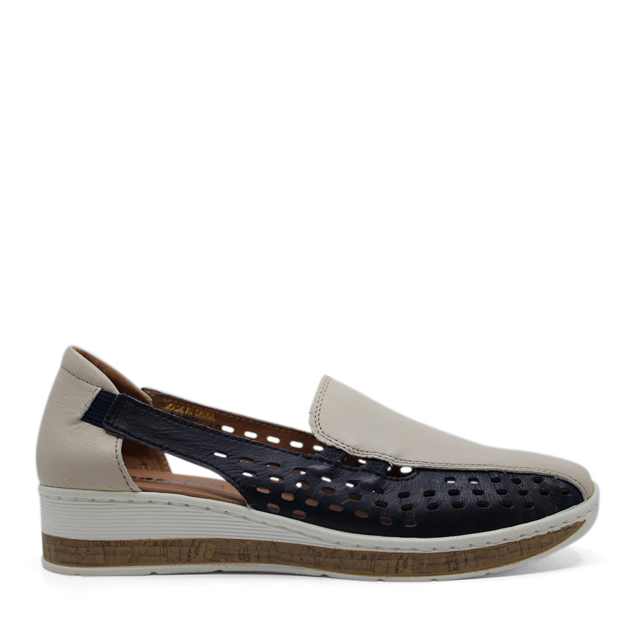 CREAM BEIGE NAVY LASERCUT UPPER SLIP ON LOAFER