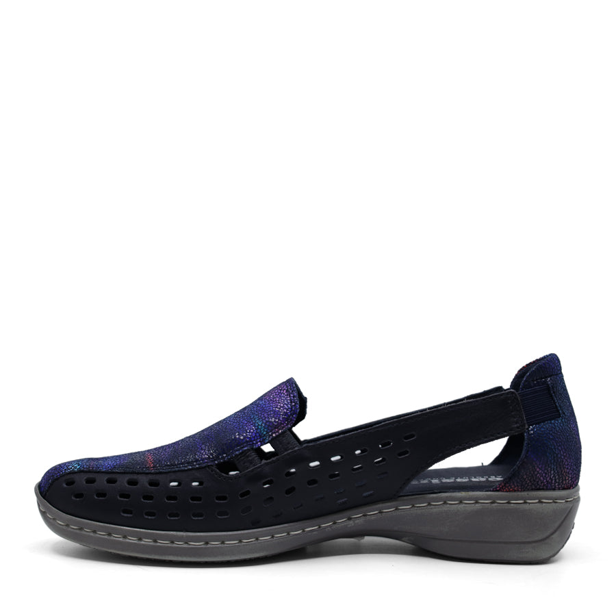 NAVY BLUE MULTI ELASTIC GUSSET SLIP ON LASERCUT LOAFER