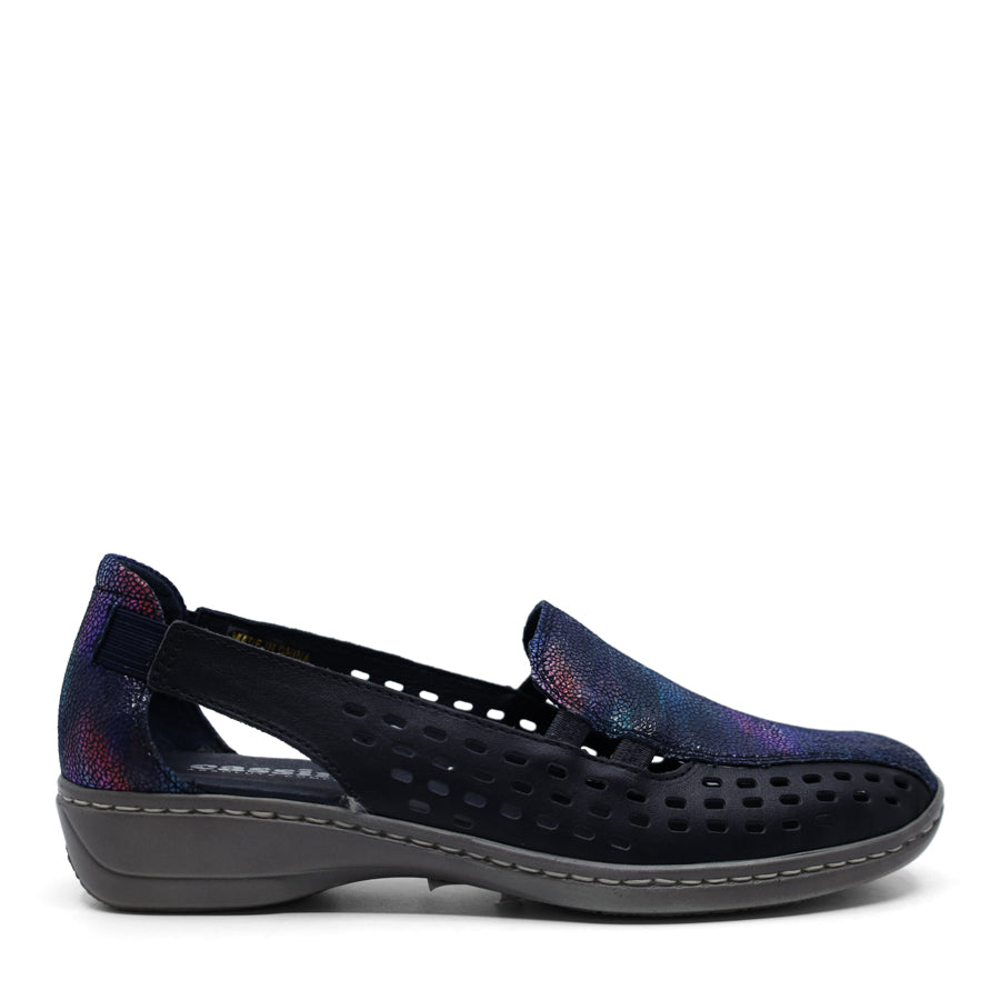 NAVY BLUE MULTI ELASTIC GUSSET SLIP ON LASERCUT LOAFER