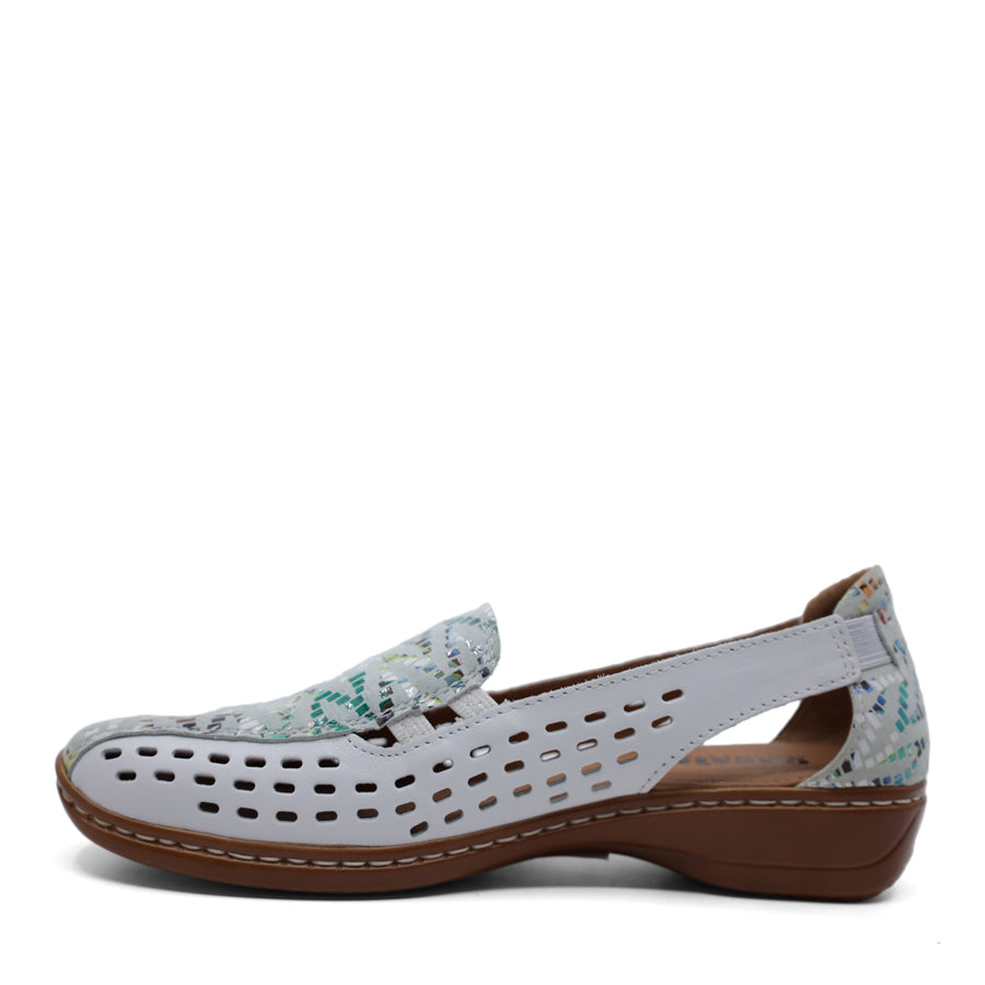 WHITE MULTI ELASTIC GUSSET SLIP ON LASERCUT LOAFER