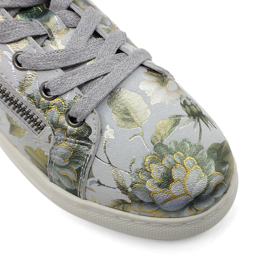 GREEN FLORAL PATTERNED LACE UP ZIP UP SNEAKER