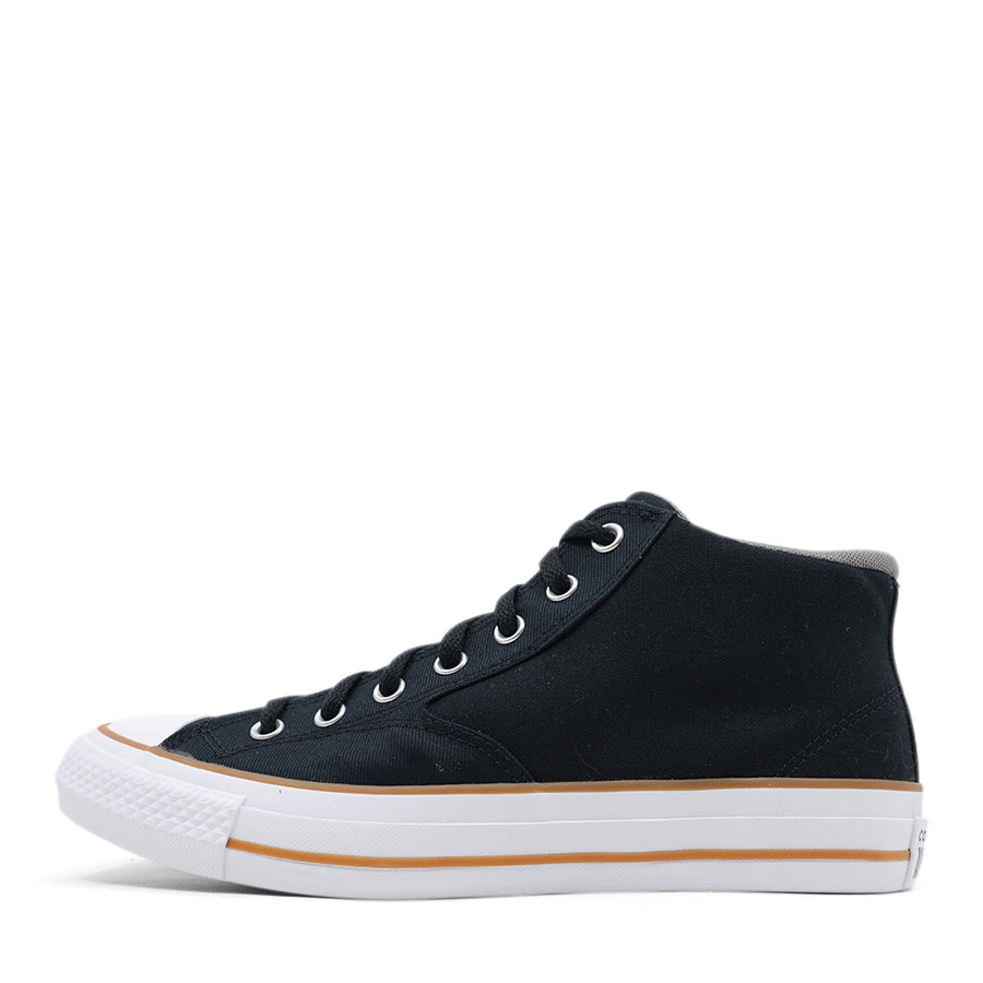 BLACK CANVAS UPPER WHITE BROWN STRIPE SOLE LACE UP MID RISE SNEAKER