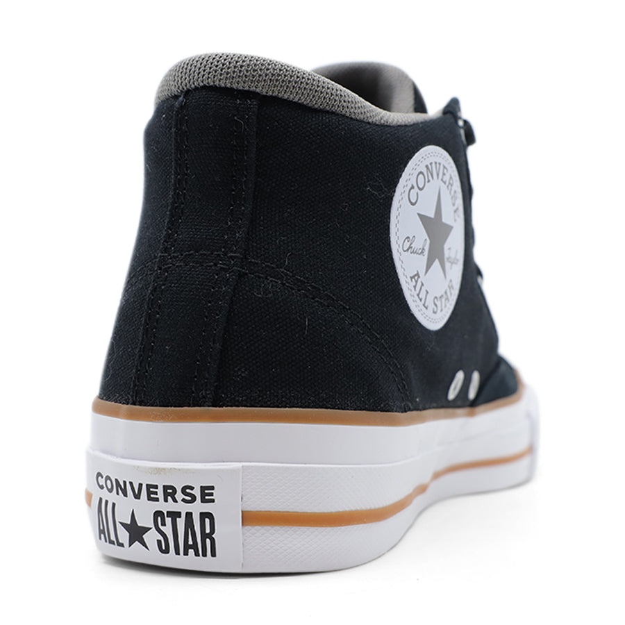 BLACK CANVAS UPPER WHITE BROWN STRIPE SOLE LACE UP MID RISE SNEAKER