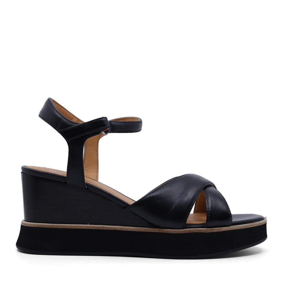 BLACK VELCRO ANKLE STRAP WEDGE HEEL SANDAL