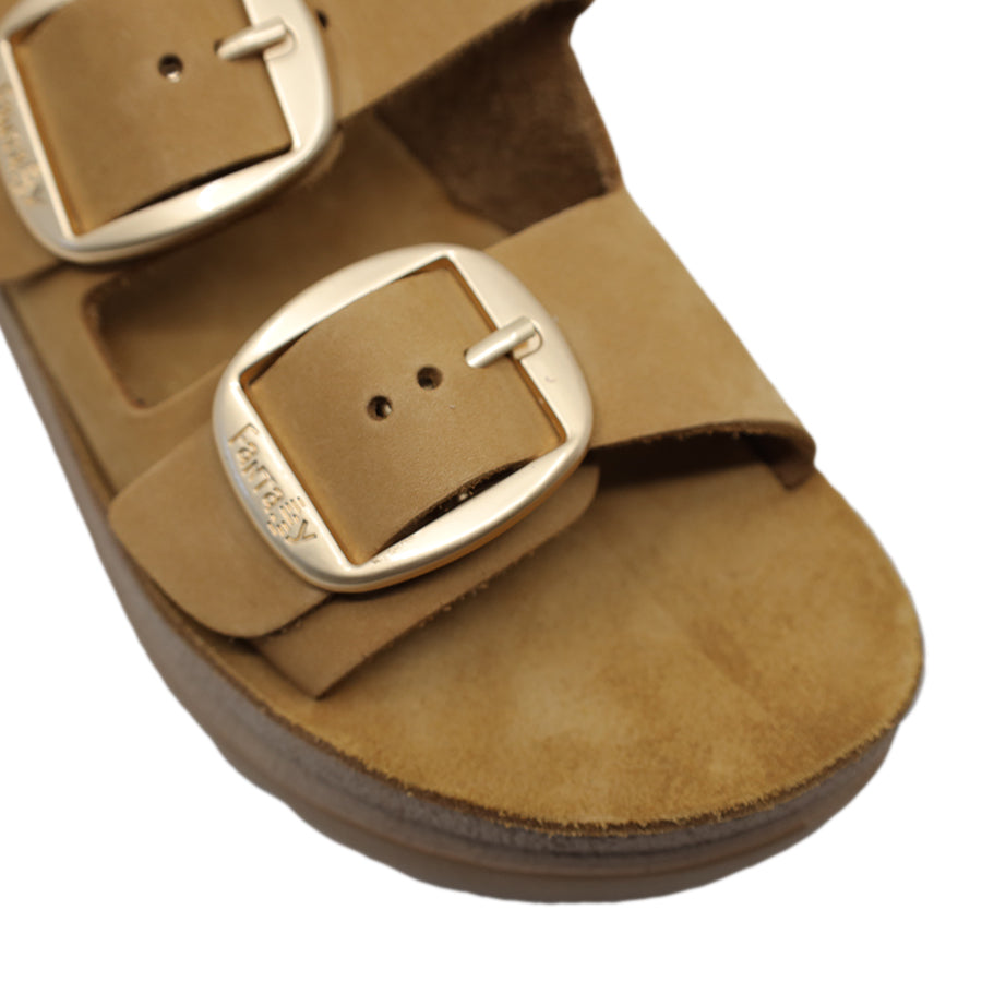 TAN BROWN GOLD BUCKLE TWO STRAP SLIDE SANDAL