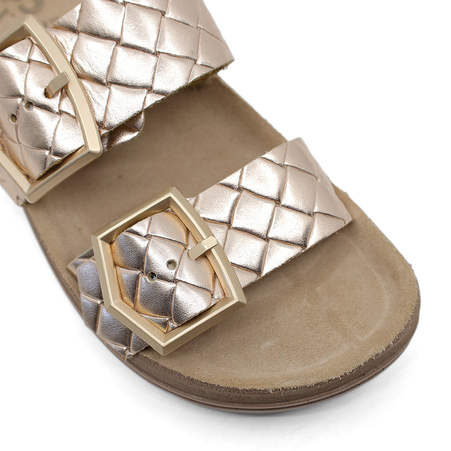 ROSE GOLD METALLIC GOLD BUCKLE TWO STRAP FLAT SANDAL SLIDE