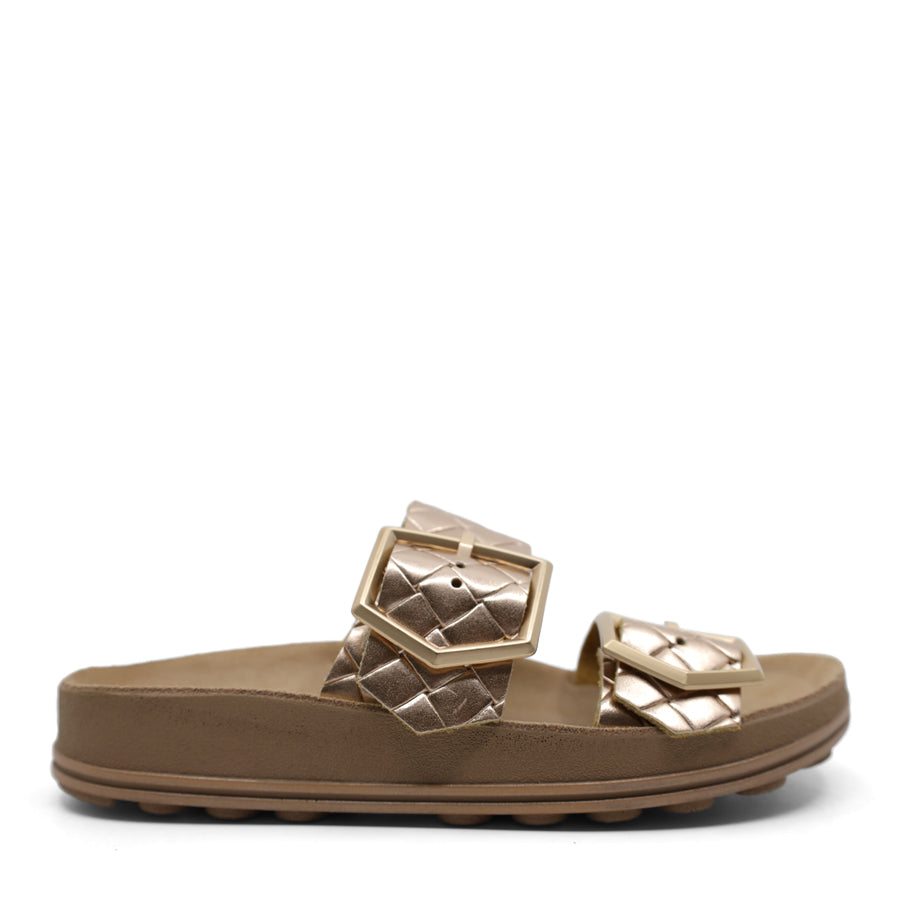 ROSE GOLD METALLIC GOLD BUCKLE TWO STRAP FLAT SANDAL SLIDE