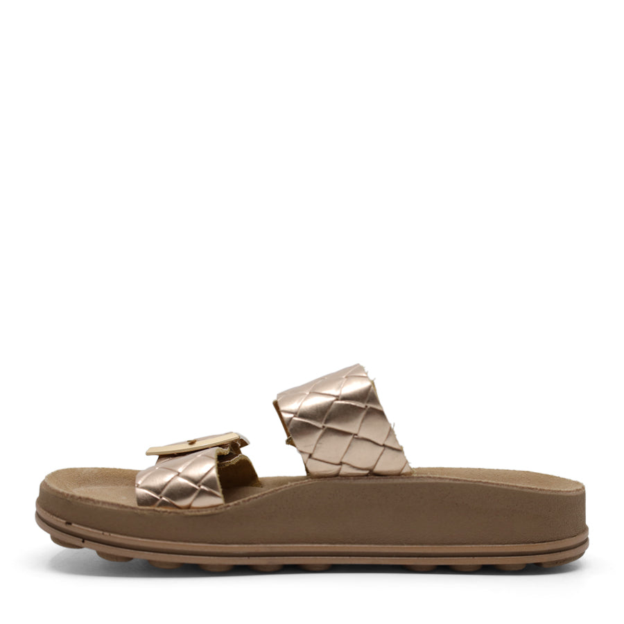 ROSE GOLD METALLIC GOLD BUCKLE TWO STRAP FLAT SANDAL SLIDE