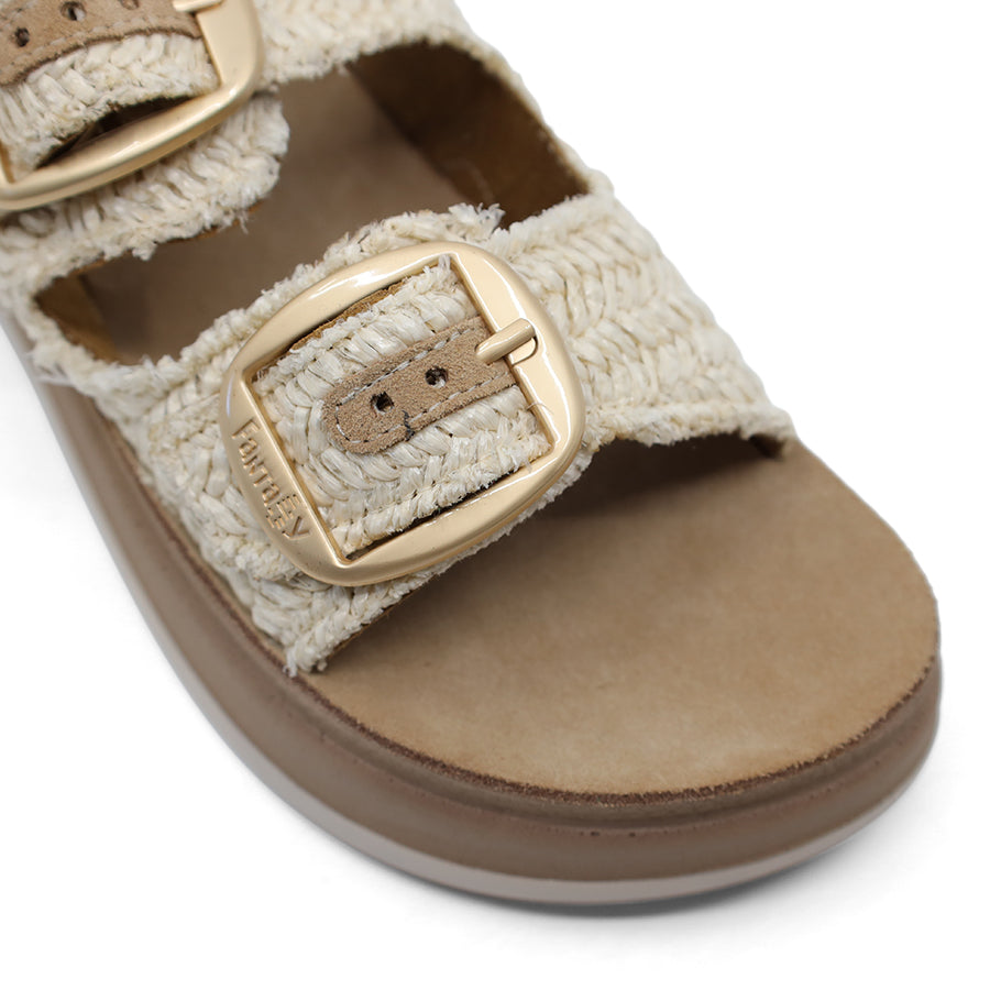 VANILLA WEAVE BEIGE TWO STRAP GOLD BUCKLE PLATFORM SLIDE SANDAL