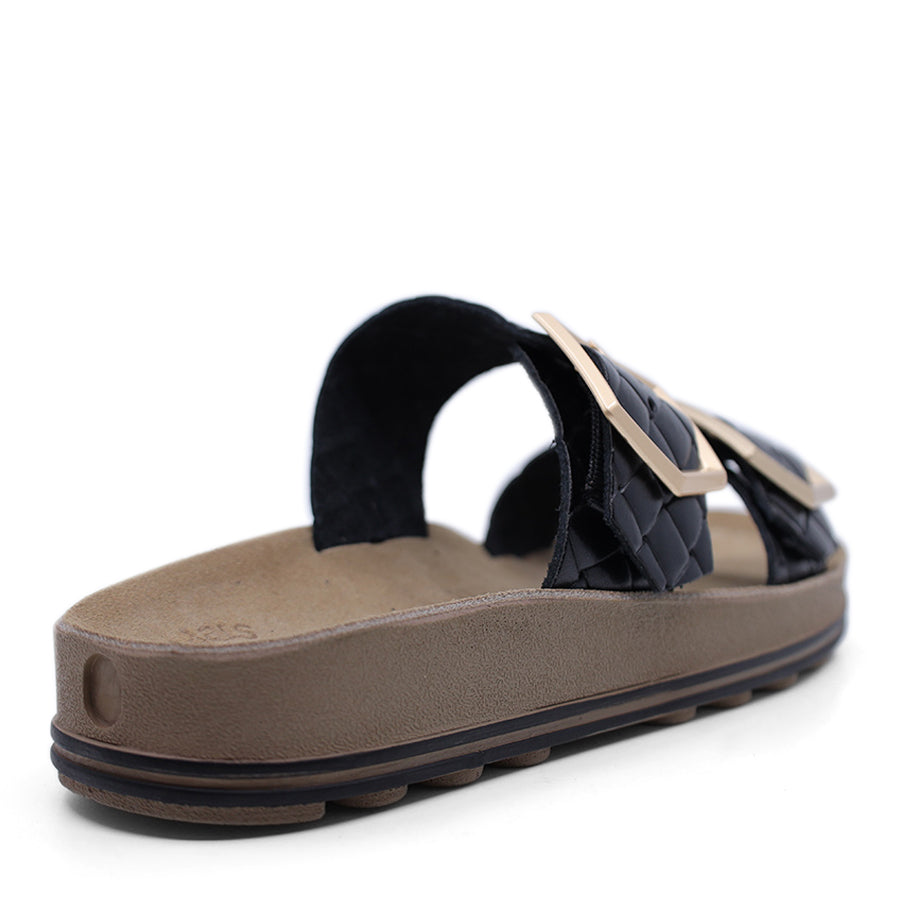 BLACK GOLD BUCKLE TWO STRAP FLAT SANDAL SLIDE