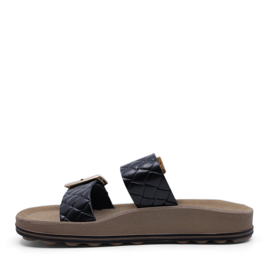 BLACK GOLD BUCKLE TWO STRAP FLAT SANDAL SLIDE