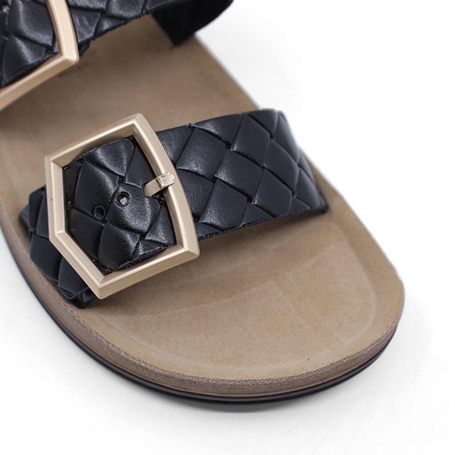 BLACK GOLD BUCKLE TWO STRAP FLAT SANDAL SLIDE