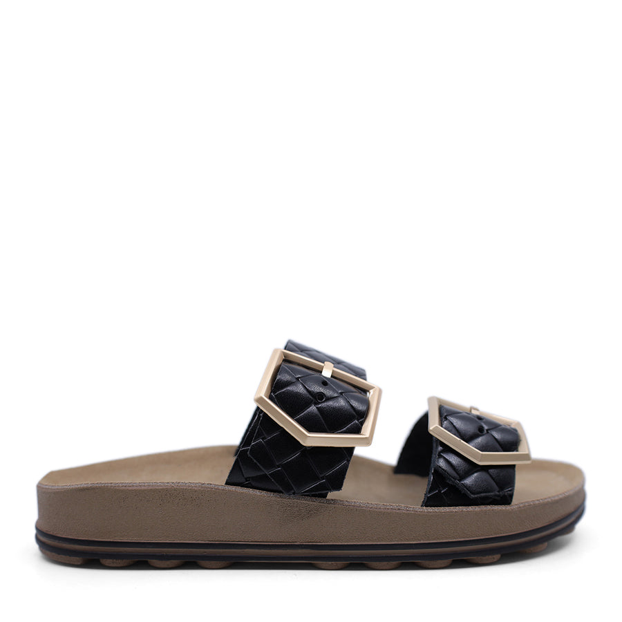 BLACK GOLD BUCKLE TWO STRAP FLAT SANDAL SLIDE