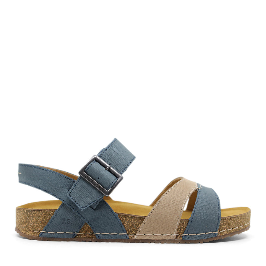 BLUE AND BEIGE STRAP SANDAL WITH CORK LOOK SOLE 