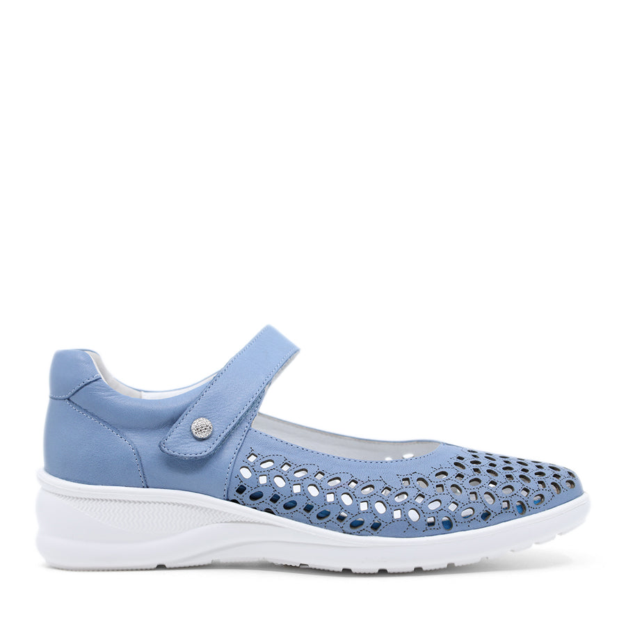 DENIM BLUE SLIP ON VELCRO MARY JANE STRAP LASERCUT DETAIL FLAT