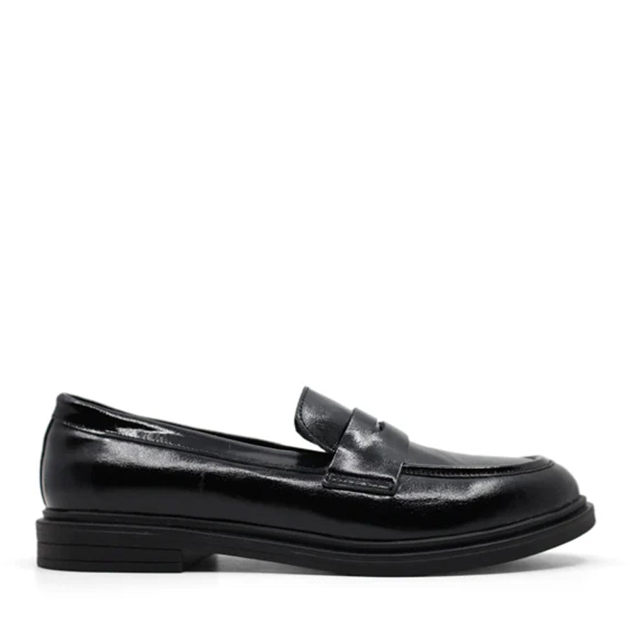 BLACK PATENT  UPPER BLACK SOLE SLIP ON LOAFER 