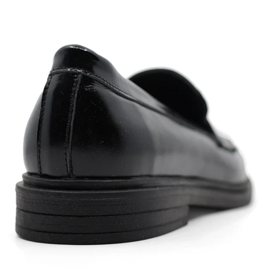 BLACK PATENT  UPPER BLACK SOLE SLIP ON LOAFER 