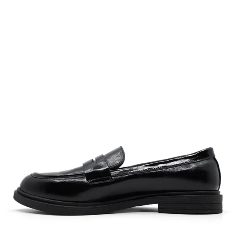 BLACK PATENT  UPPER BLACK SOLE SLIP ON LOAFER 