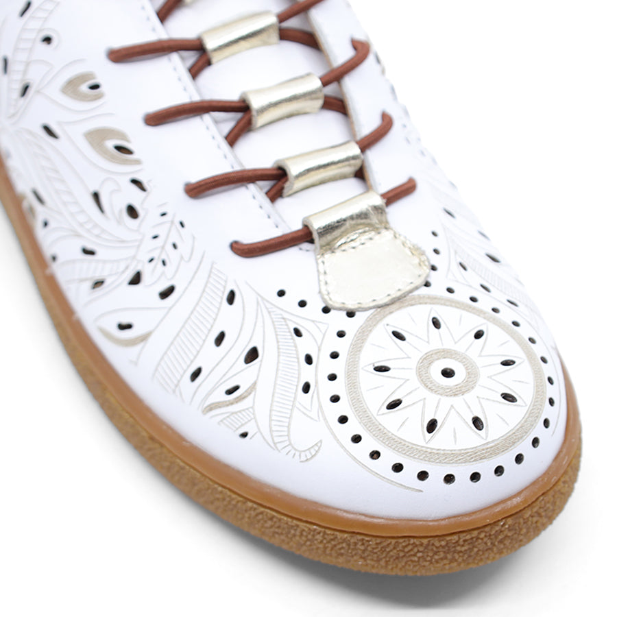 WHITE LASERCUT UPPER BROWN RUBBER SOLE LACE UP FLAT SNEAKER