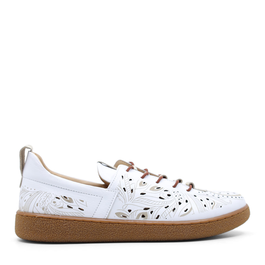 WHITE LASERCUT UPPER BROWN RUBBER SOLE LACE UP FLAT SNEAKER