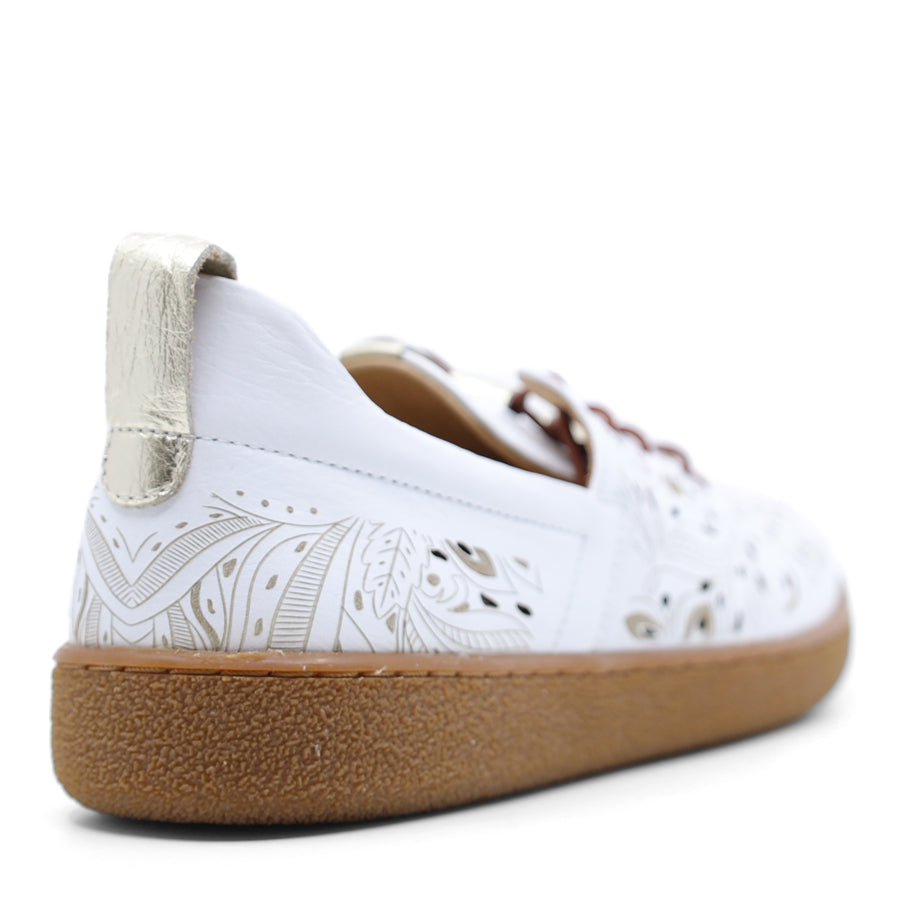 WHITE LASERCUT UPPER BROWN RUBBER SOLE LACE UP FLAT SNEAKER