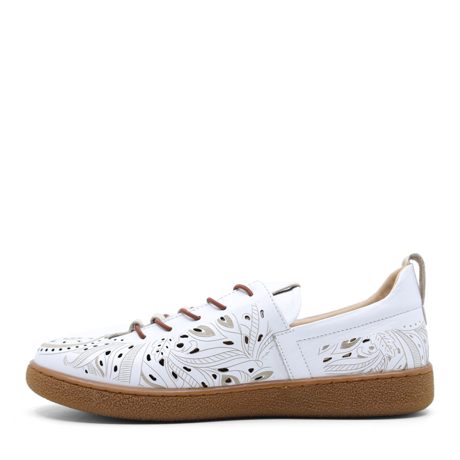 WHITE LASERCUT UPPER BROWN RUBBER SOLE LACE UP FLAT SNEAKER