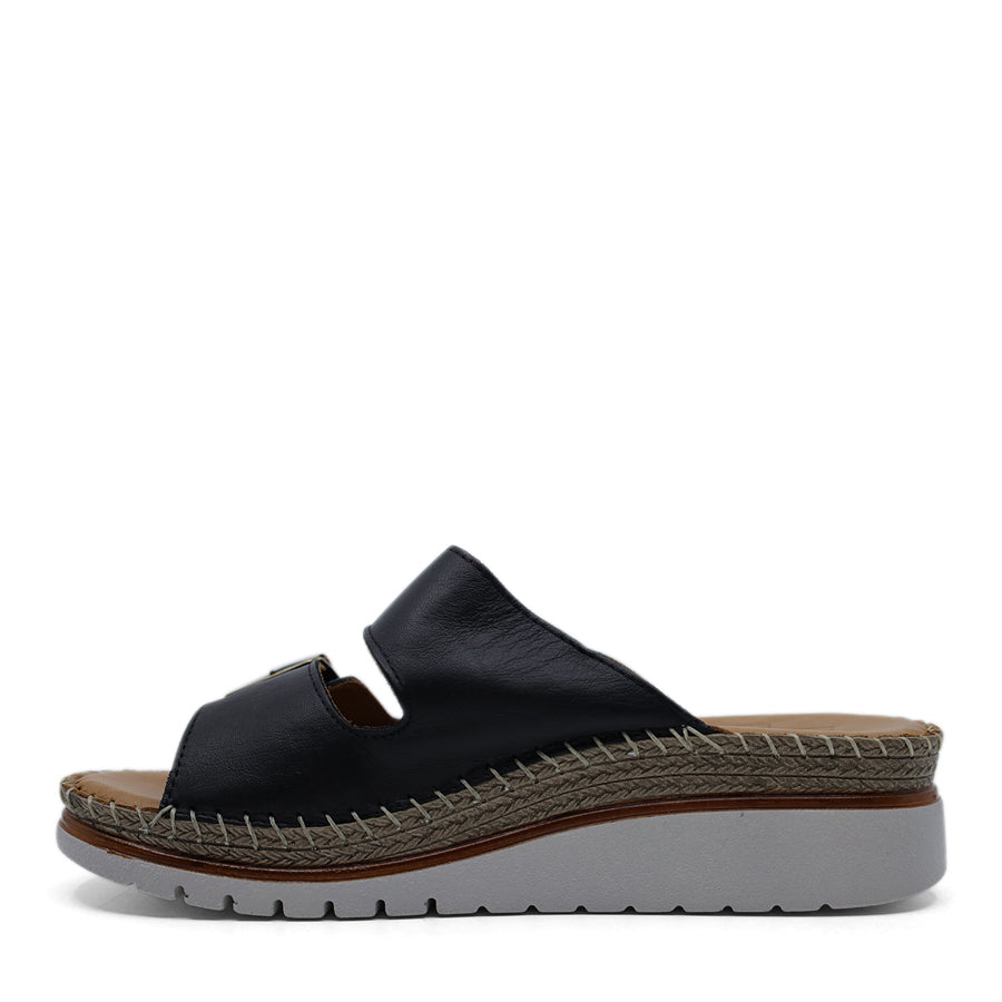 BLACK TWO STRAP BUCKLE SLIDE ON SANDAL